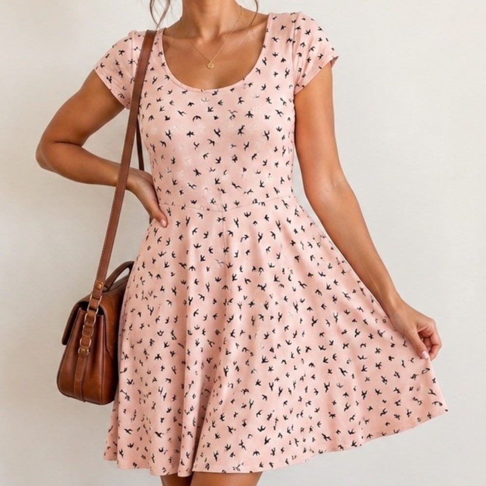 Twik Simons Blush Pink Bird Print Fit & Flare Cotton Dress XL